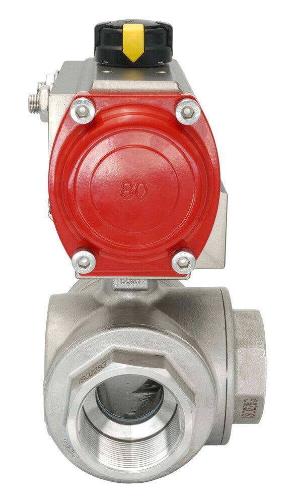 3-Way Pneumatic Ball Valve G1 1/4'' L-bore Brass Double Acting