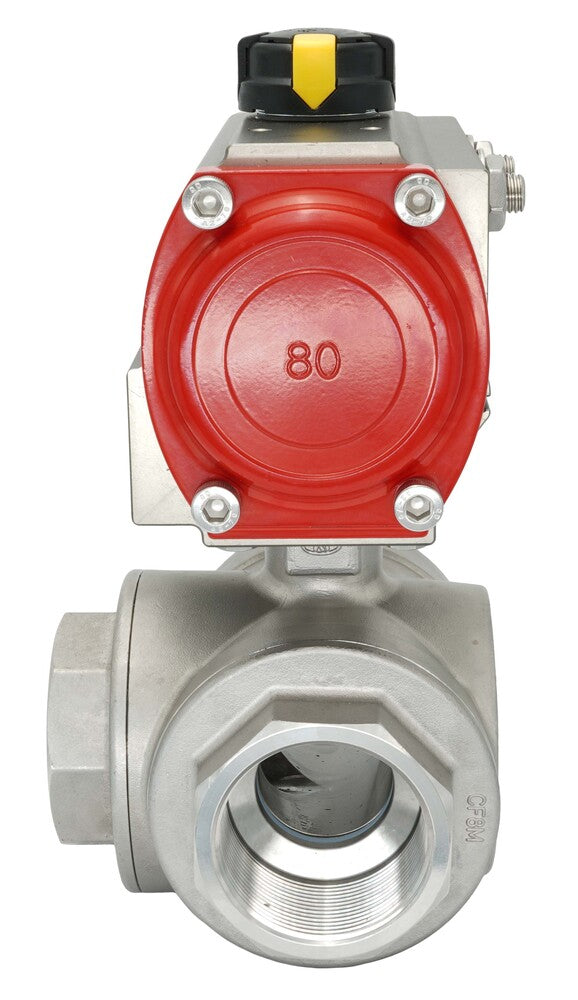 3-Way Pneumatic Ball Valve G1 1/4'' L-bore Brass Double Acting