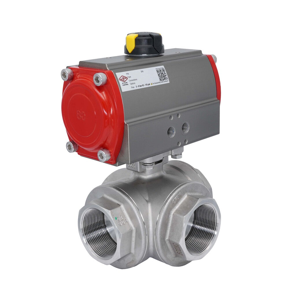 3-Way Pneumatic Ball Valve G3'' L-bore Stainless Steel Spring Opening
