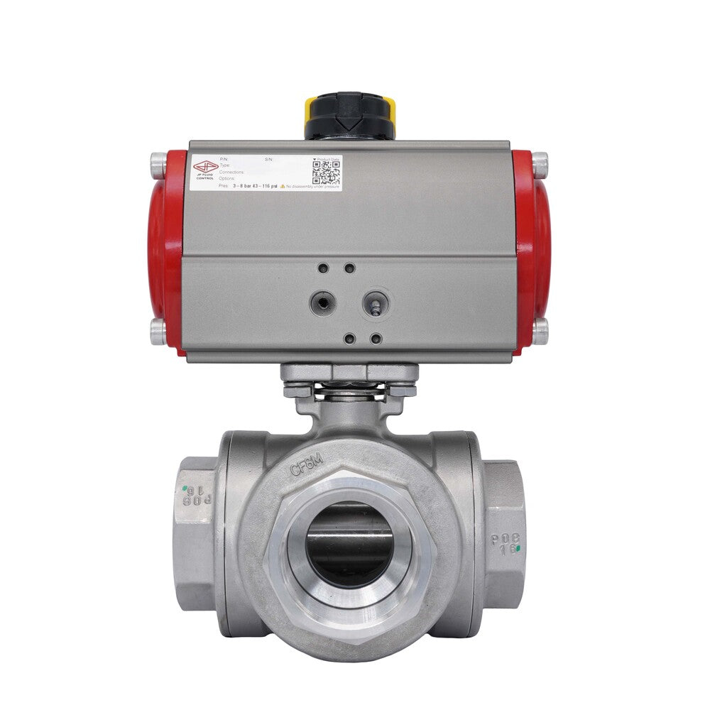 3-Way Pneumatic Ball Valve G3'' T-bore Stainless Steel Spring Closing