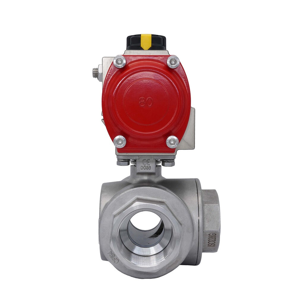 3-Way Pneumatic Ball Valve G4'' T-bore Stainless Steel Spring Opening