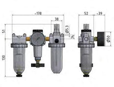 FRL 3-Part G1/4'' 600 l/min 0.5-10.0bar/7-145psi Semi-Auto Metal Standard 1