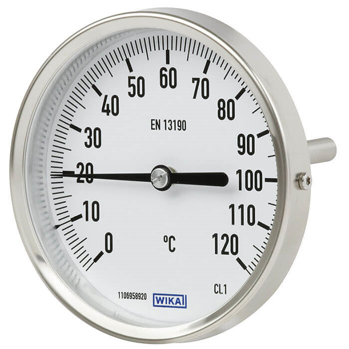 0 to +500°C Stainless Steel Bimetallic Industrial Thermometer 80mm Cabinet 100mm Stem Rear