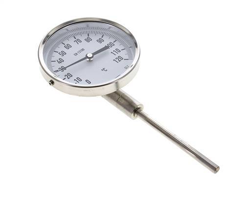 0 to +120°C Stainless Steel Bimetallic Thermometer 100mm Cabinet 100mm Stem Bottom