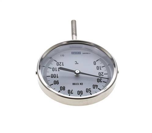0 to +120°C Stainless Steel Bimetallic Thermometer 100mm Cabinet 63mm Stem Bottom