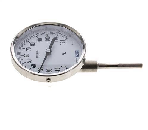 0 to +120°C Stainless Steel Bimetallic Thermometer 100mm Cabinet 63mm Stem Bottom