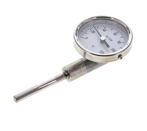 0 to +120°C Stainless Steel Bimetallic Thermometer 63mm Cabinet 63mm Stem Bottom