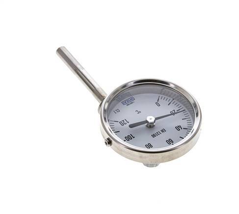 0 to +120°C Stainless Steel Bimetallic Thermometer 63mm Cabinet 63mm Stem Bottom