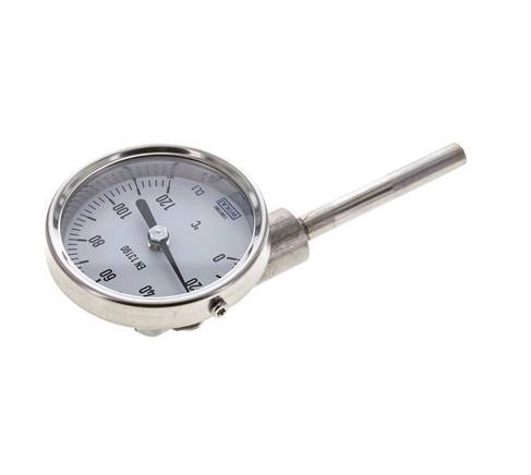 0 to +120°C Stainless Steel Bimetallic Thermometer 63mm Cabinet 63mm Stem Bottom