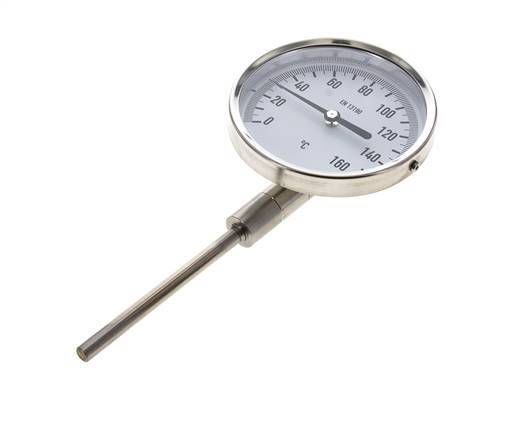 0 to +160°C Stainless Steel Bimetallic Thermometer 100mm Cabinet 100mm Stem Bottom