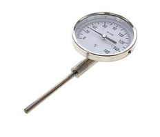 0 to +160°C Stainless Steel Bimetallic Thermometer 100mm Cabinet 100mm Stem Bottom