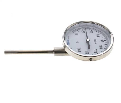 0 to +160°C Stainless Steel Bimetallic Thermometer 100mm Cabinet 100mm Stem Bottom