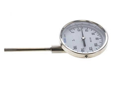 0 to +160°C Stainless Steel Bimetallic Thermometer 100mm Cabinet 100mm Stem Bottom