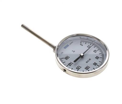 0 to +160°C Stainless Steel Bimetallic Thermometer 100mm Cabinet 100mm Stem Bottom