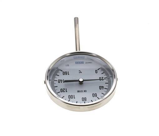 0 to +160°C Stainless Steel Bimetallic Thermometer 100mm Cabinet 100mm Stem Bottom