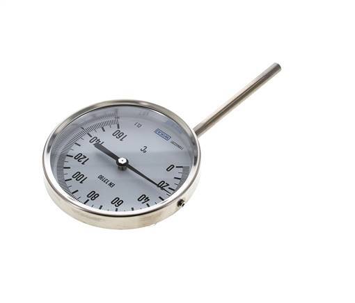 0 to +160°C Stainless Steel Bimetallic Thermometer 100mm Cabinet 100mm Stem Bottom