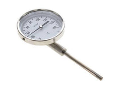 0 to +160°C Stainless Steel Bimetallic Thermometer 100mm Cabinet 100mm Stem Bottom