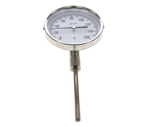 0 to +160°C Stainless Steel Bimetallic Thermometer 100mm Cabinet 100mm Stem Bottom