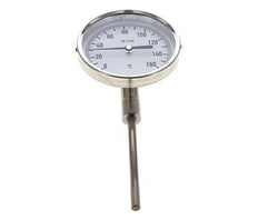 0 to +160°C Stainless Steel Bimetallic Thermometer 100mm Cabinet 100mm Stem Bottom