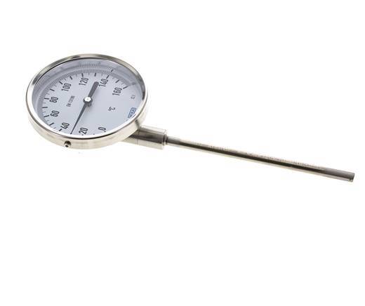 0 to +160°C Stainless Steel Bimetallic Thermometer 100mm Cabinet 160mm Stem Bottom