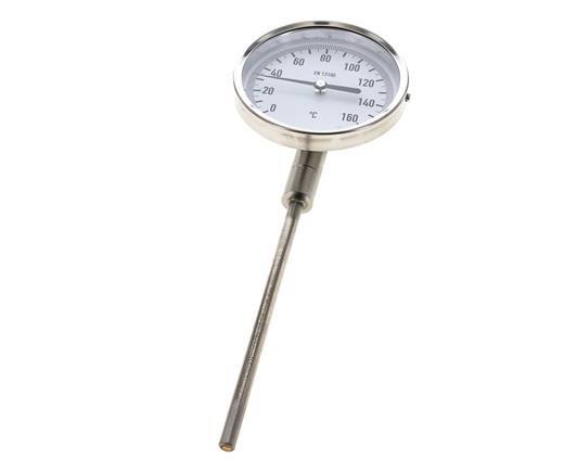 0 to +160°C Stainless Steel Bimetallic Thermometer 100mm Cabinet 160mm Stem Bottom