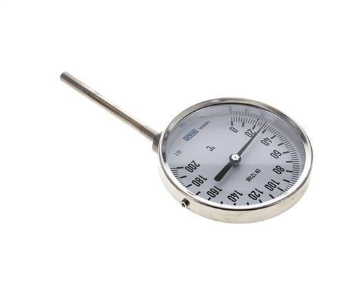 0 to +200°C Stainless Steel Bimetallic Thermometer 100mm Cabinet 100mm Stem Bottom