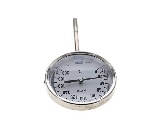 0 to +200°C Stainless Steel Bimetallic Thermometer 100mm Cabinet 100mm Stem Bottom
