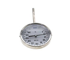 0 to +200°C Stainless Steel Bimetallic Thermometer 100mm Cabinet 100mm Stem Bottom
