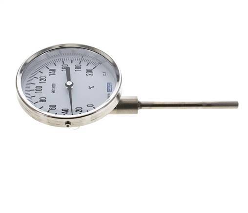 0 to +200°C Stainless Steel Bimetallic Thermometer 100mm Cabinet 100mm Stem Bottom