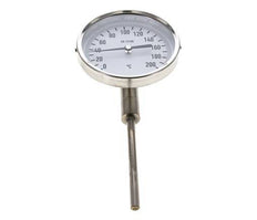 0 to +200°C Stainless Steel Bimetallic Thermometer 100mm Cabinet 100mm Stem Bottom