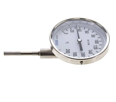 0 to +200°C Stainless Steel Bimetallic Thermometer 100mm Cabinet 63mm Stem Bottom