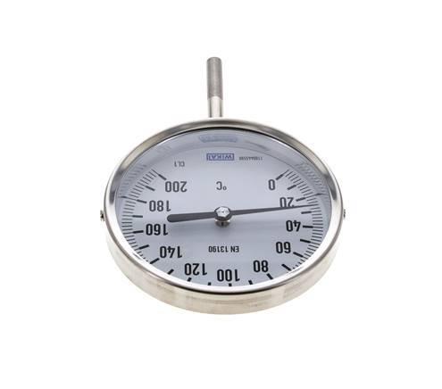 0 to +200°C Stainless Steel Bimetallic Thermometer 100mm Cabinet 63mm Stem Bottom