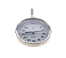 0 to +200°C Stainless Steel Bimetallic Thermometer 100mm Cabinet 63mm Stem Bottom