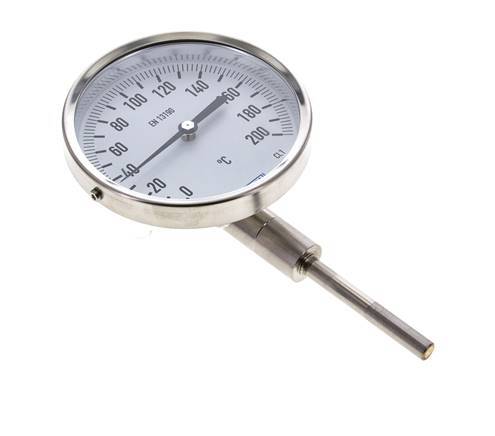 0 to +200°C Stainless Steel Bimetallic Thermometer 100mm Cabinet 63mm Stem Bottom