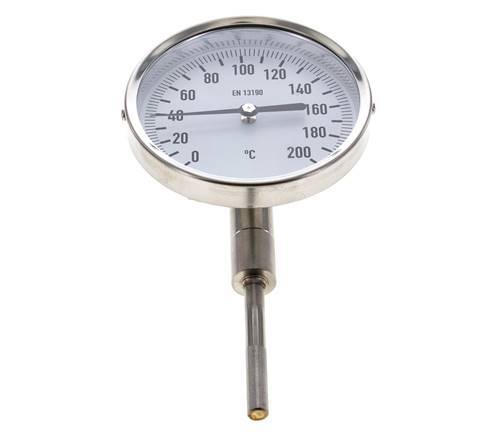 0 to +200°C Stainless Steel Bimetallic Thermometer 100mm Cabinet 63mm Stem Bottom