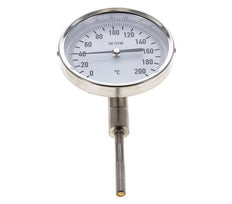 0 to +200°C Stainless Steel Bimetallic Thermometer 100mm Cabinet 63mm Stem Bottom