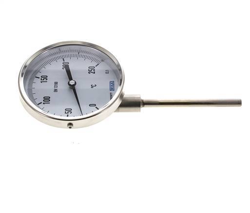 0 to +250°C Stainless Steel Bimetallic Thermometer 100mm Cabinet 100mm Stem Bottom