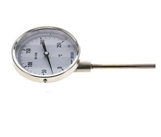 0 to +250°C Stainless Steel Bimetallic Thermometer 100mm Cabinet 100mm Stem Bottom