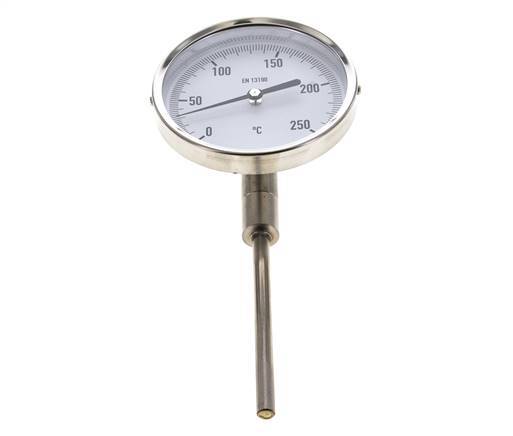 0 to +250°C Stainless Steel Bimetallic Thermometer 100mm Cabinet 100mm Stem Bottom