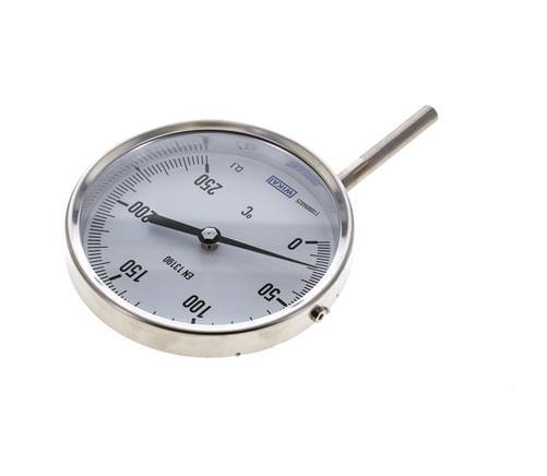 0 to +250°C Stainless Steel Bimetallic Thermometer 100mm Cabinet 63mm Stem Bottom