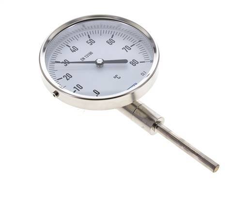 -20 to +60°C Stainless Steel Bimetallic Thermometer 100mm Cabinet 100mm Stem Bottom