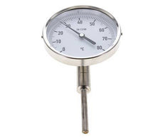 -20 to +60°C Stainless Steel Bimetallic Thermometer 100mm Cabinet 100mm Stem Bottom