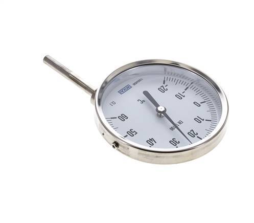 -20 to +60°C Stainless Steel Bimetallic Thermometer 100mm Cabinet 63mm Stem Bottom
