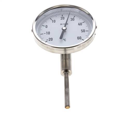 -20 to +60°C Stainless Steel Bimetallic Thermometer 100mm Cabinet 63mm Stem Bottom