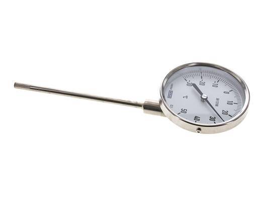 -30 to +50°C Stainless Steel Bimetallic Thermometer 100mm Cabinet 160mm Stem Bottom