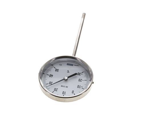 -30 to +50°C Stainless Steel Bimetallic Thermometer 100mm Cabinet 160mm Stem Bottom
