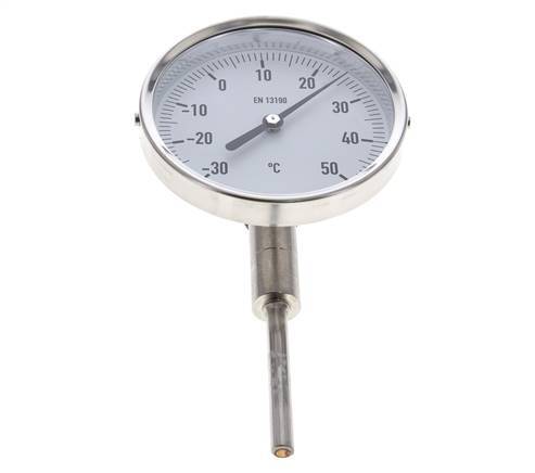 -30 to +50°C Stainless Steel Bimetallic Thermometer 100mm Cabinet 63mm Stem Bottom