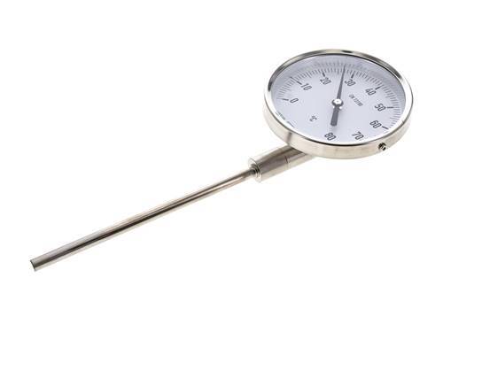 0 to +80°C Stainless Steel Bimetallic Thermometer 100mm Cabinet 63mm Stem Bottom