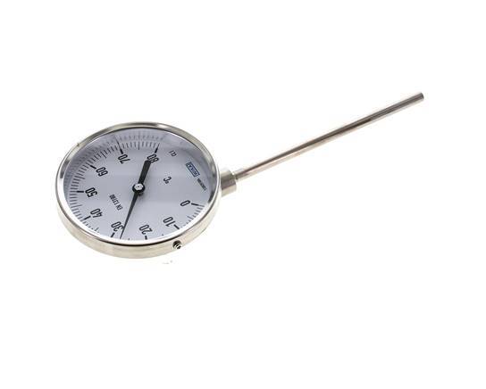 0 to +80°C Stainless Steel Bimetallic Thermometer 100mm Cabinet 63mm Stem Bottom