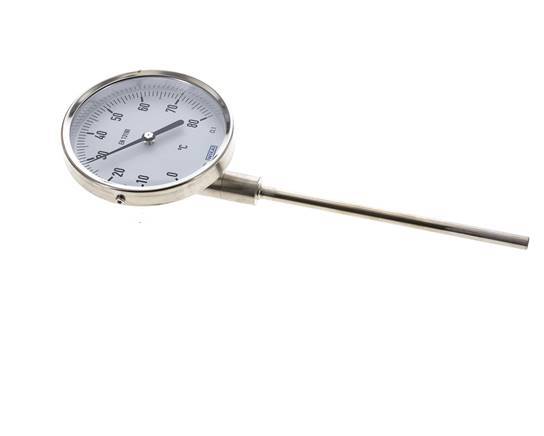 0 to +80°C Stainless Steel Bimetallic Thermometer 100mm Cabinet 63mm Stem Bottom